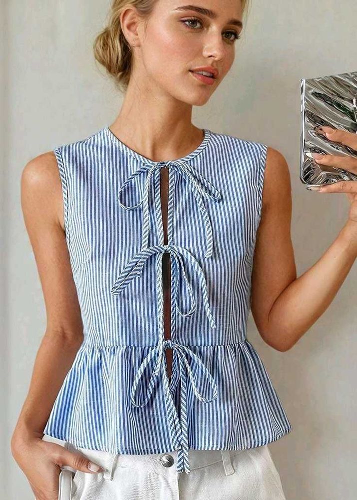 Striped Bow Tie Up Ruffle Top