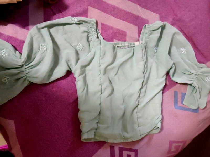 Mint Embroidered Puff Sleeve Top