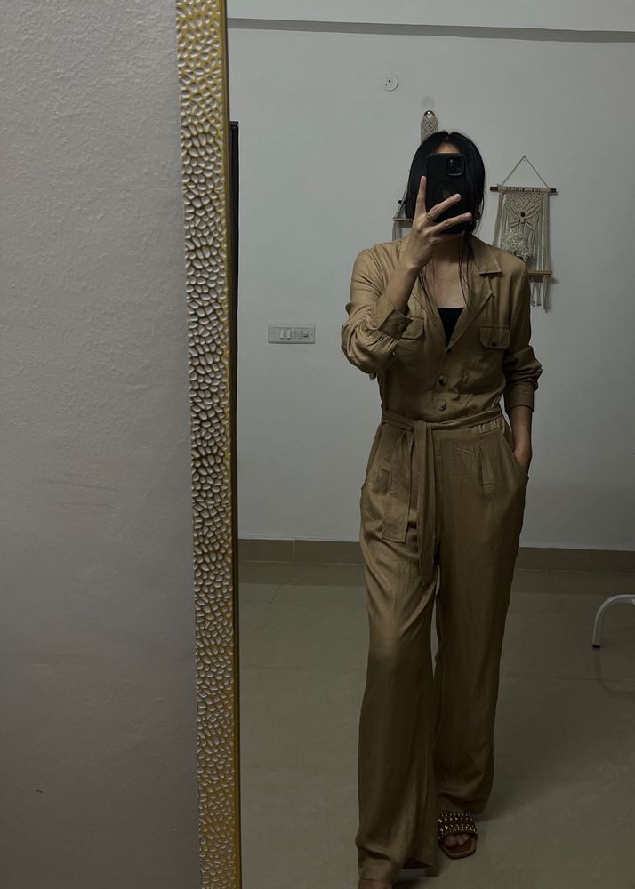 Tan Khaki High Waist  Linen jumpsuit