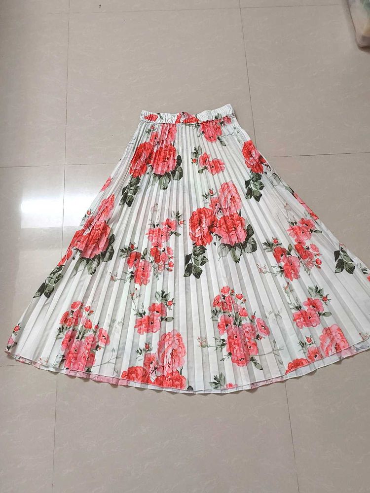 Pleated White Floral Skirt