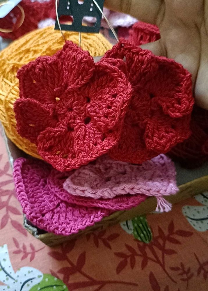 Big Red Crochet Flower Earrings