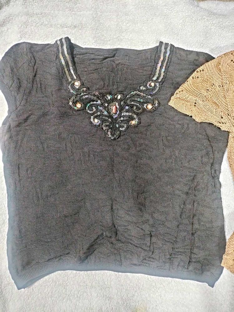 Embellished Brown Knit Top