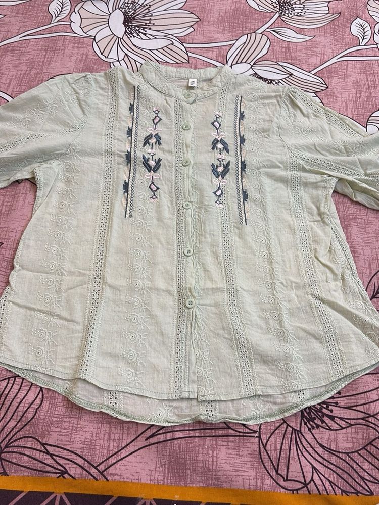Embroidered Button-Down Top