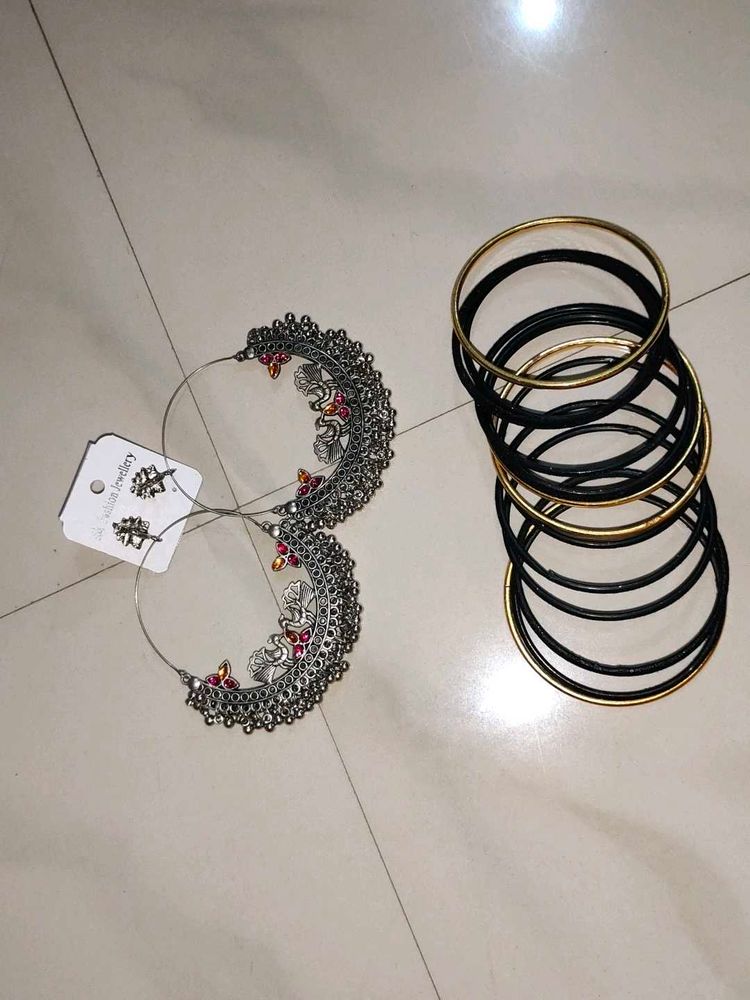 Oxidized Peacock Hoop Earrings &amp; Black Bangles🎉🎊