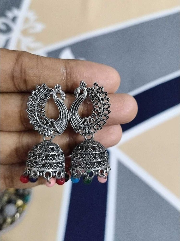Silver Peacock Jhumka Earrings