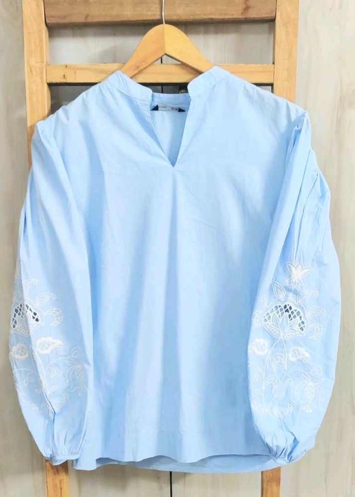 Chic Blue Embroidered Sleeve Top size-42