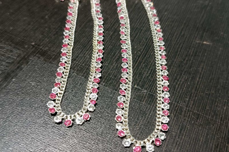 Silver Anklets with Pink &amp; White Stones💗🌿