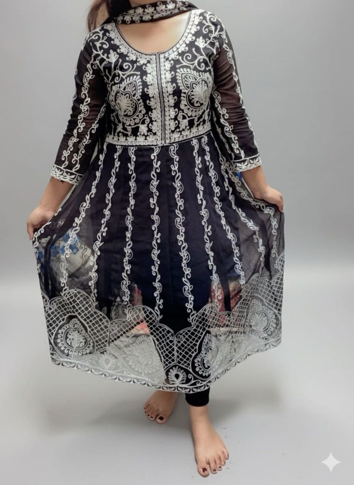 Black &amp; White Embroidered Anarkali