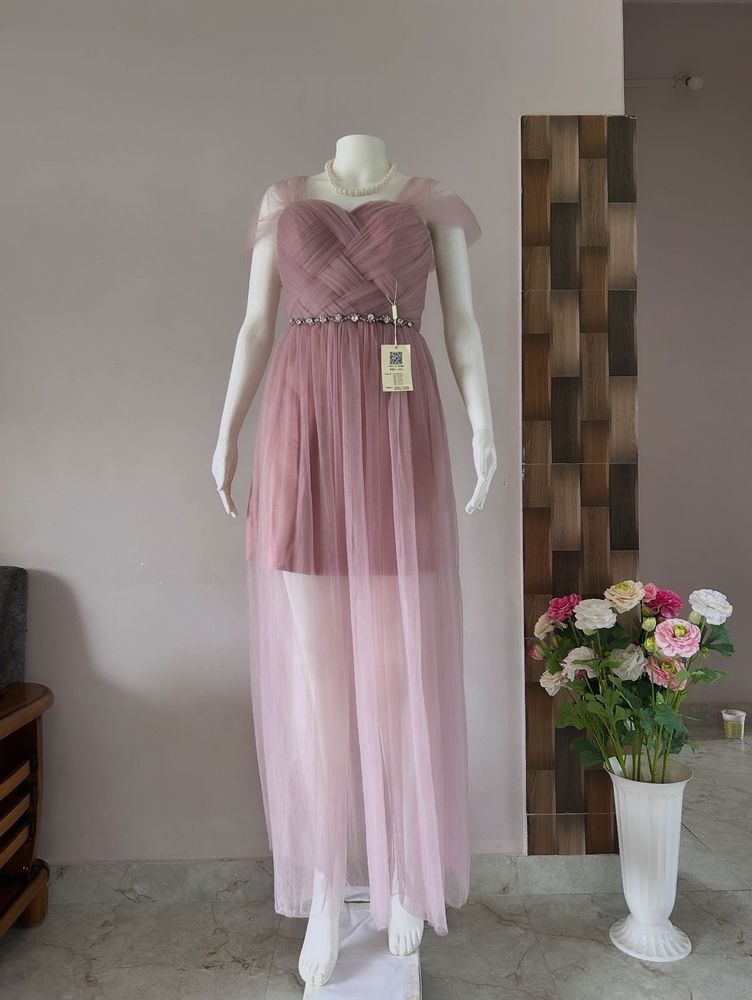 Pink Gown With Stone Studded Waistline