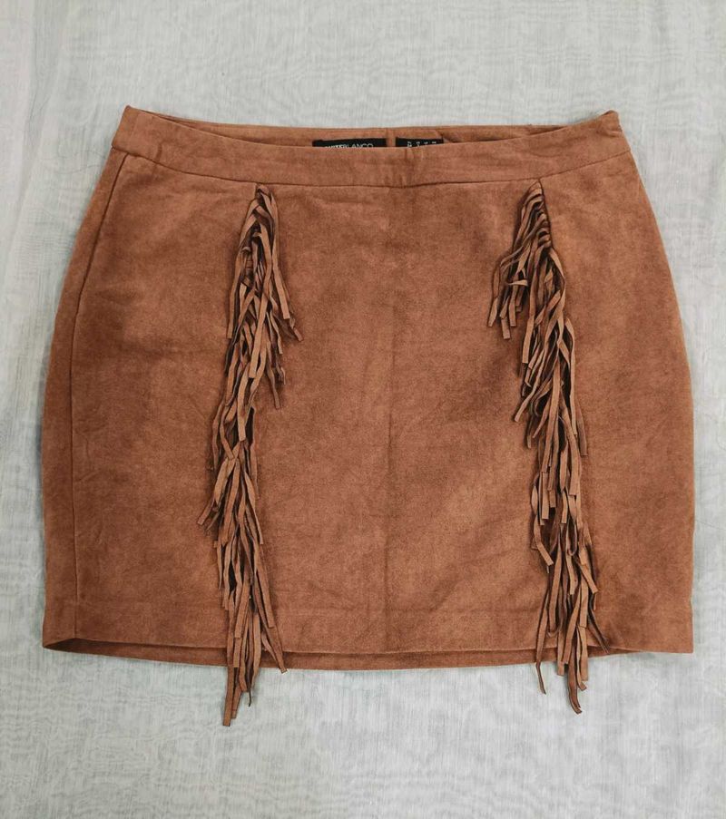 Fringed Brown  leather Skirt golden top combo.