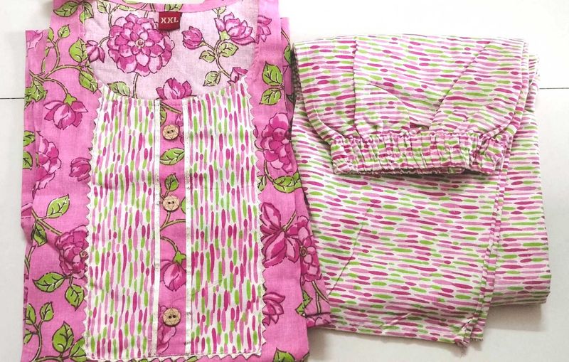 Pink Floral Cotton Kurta Set Not Used