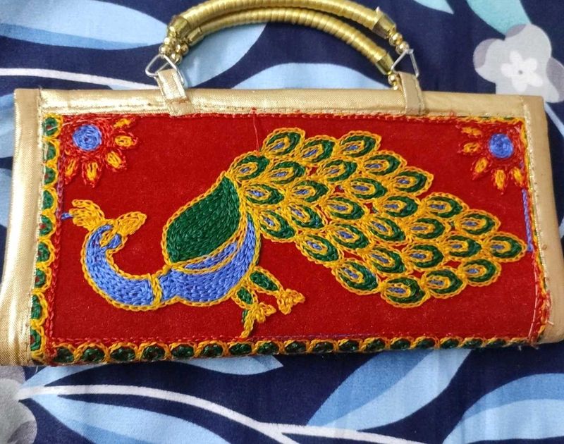 Embroidered Peacock Clutch