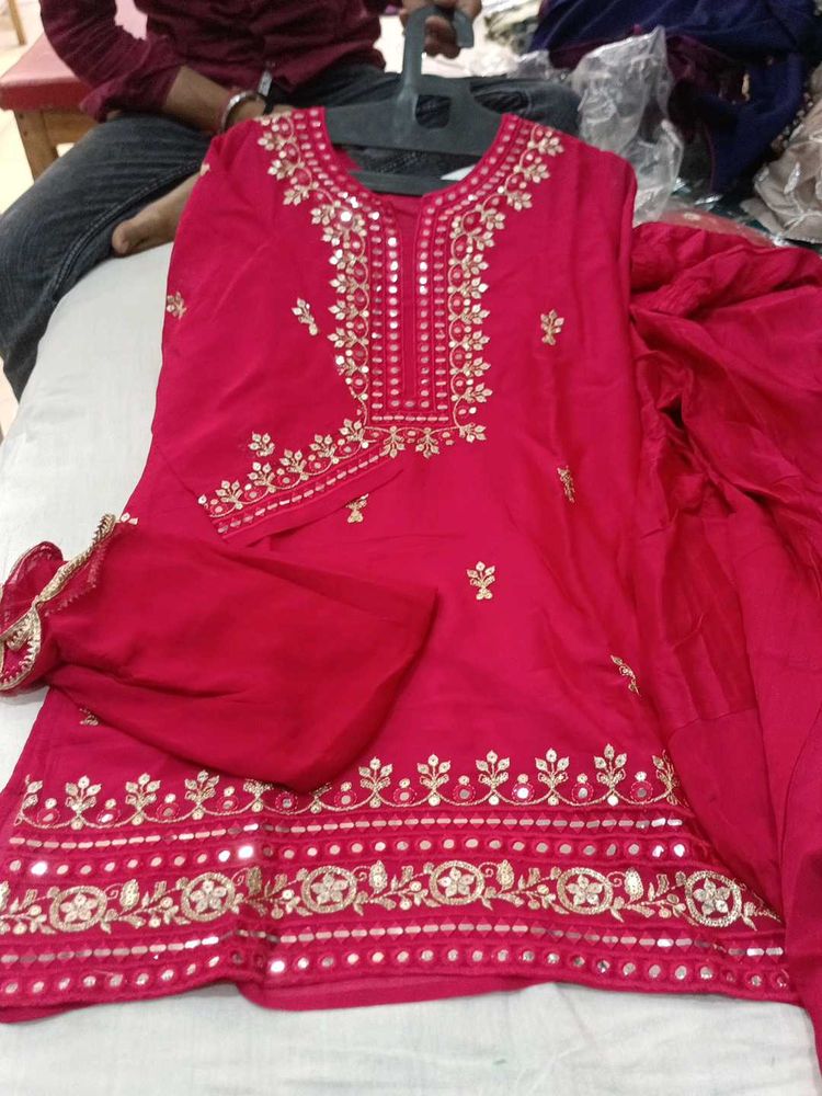 Red Embroidered Kurta Set