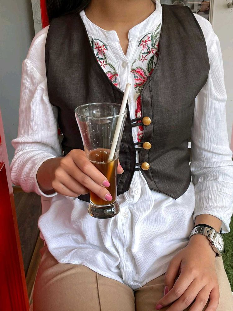 Upcycled Brown Embroidered Three ButtonVest