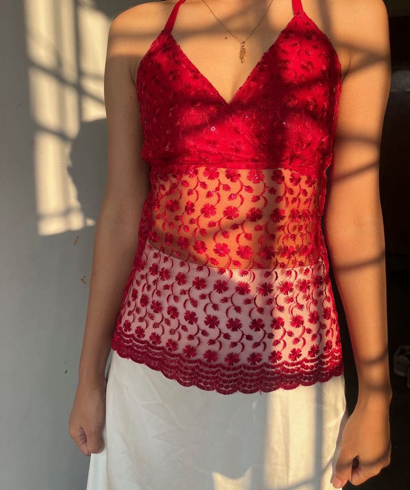 chatpate  red Floral Lace Halter Top