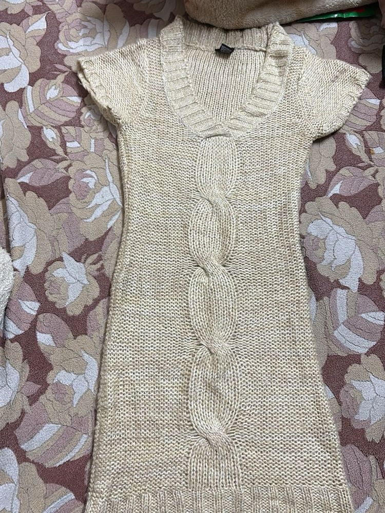 Cream Knit Mini Sweater Dress