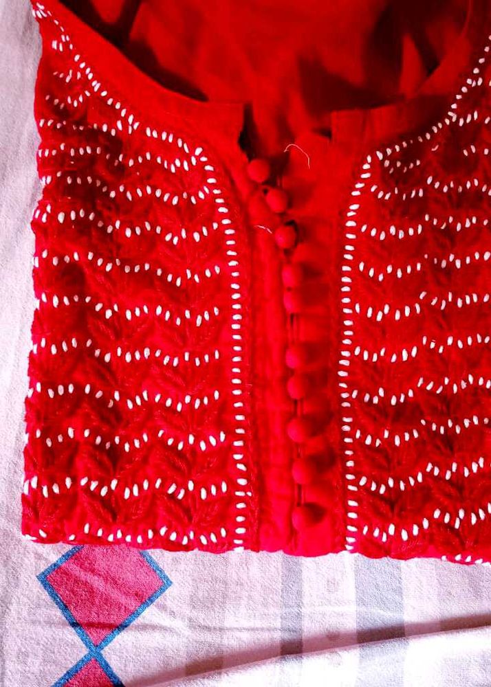 Handwork Chikenkari Red Embroidered Kurta
