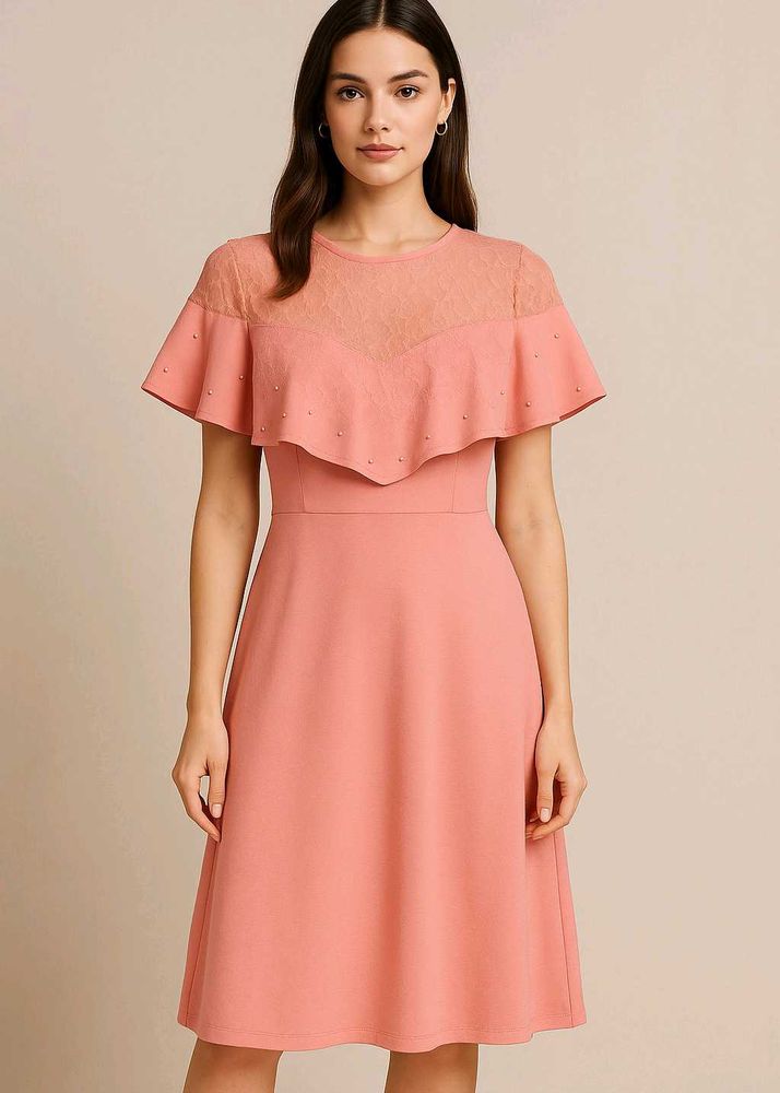 Coral Pink A-Line Dress with Lace Detail