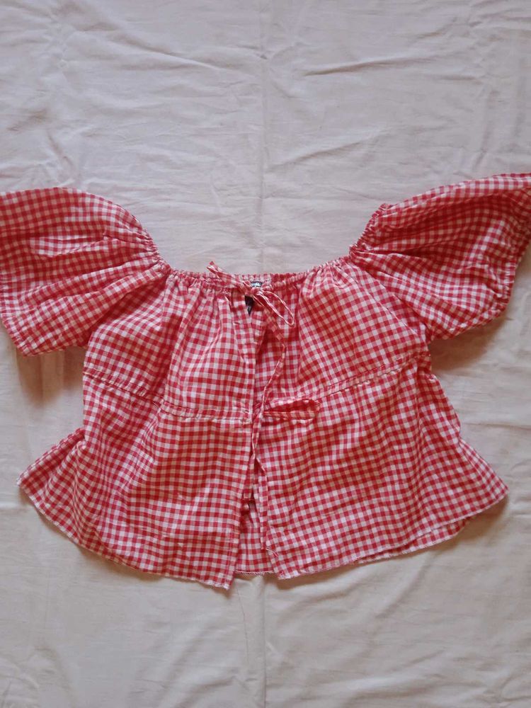 Red &amp; White Gingham Off-Shoulder Top