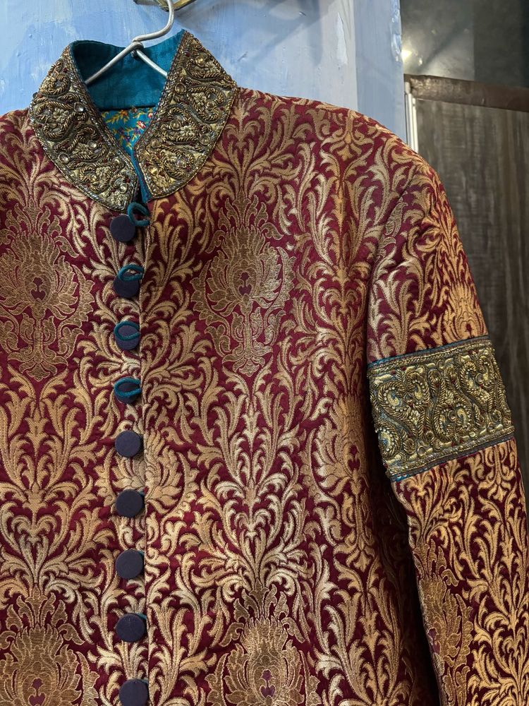 Elegant Maroon &amp; Gold Sherwani