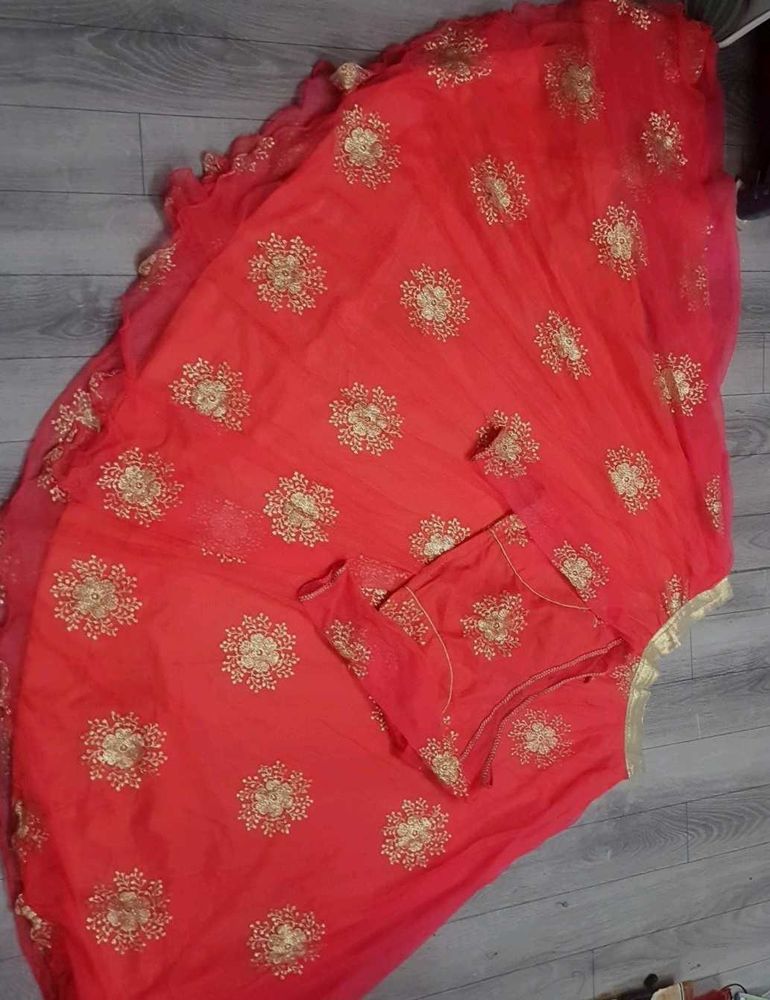 Pink  &amp; Gold Floral Embroidered Lehenga Set