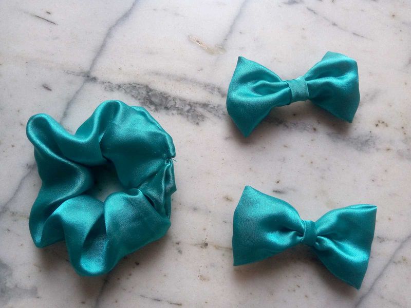 Turquoise Satin Scrunchie &amp; 2 Bow Hair Clips Combo