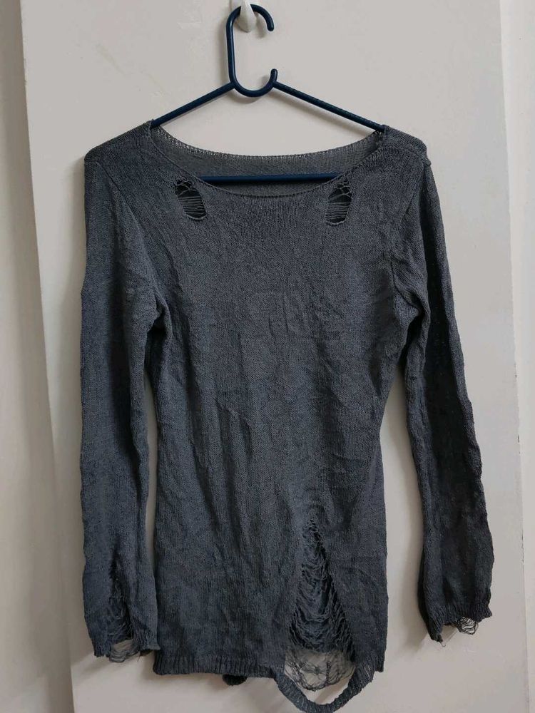 Gray Distressed Knit Top