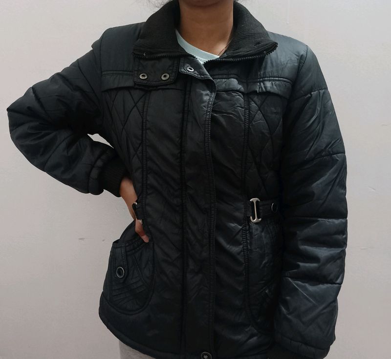 Black Puffer Jacket With Warm Faux Fur Inside