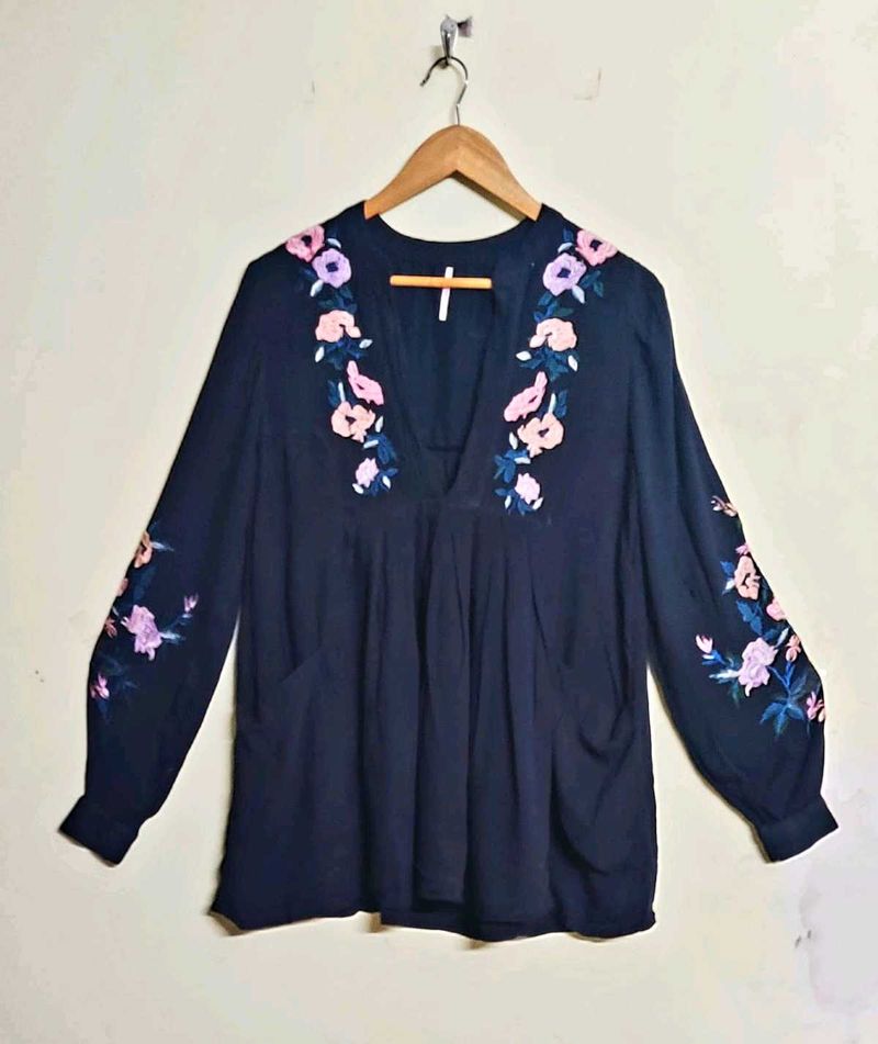 Black Embroidery Work Cotton Top Size-38
