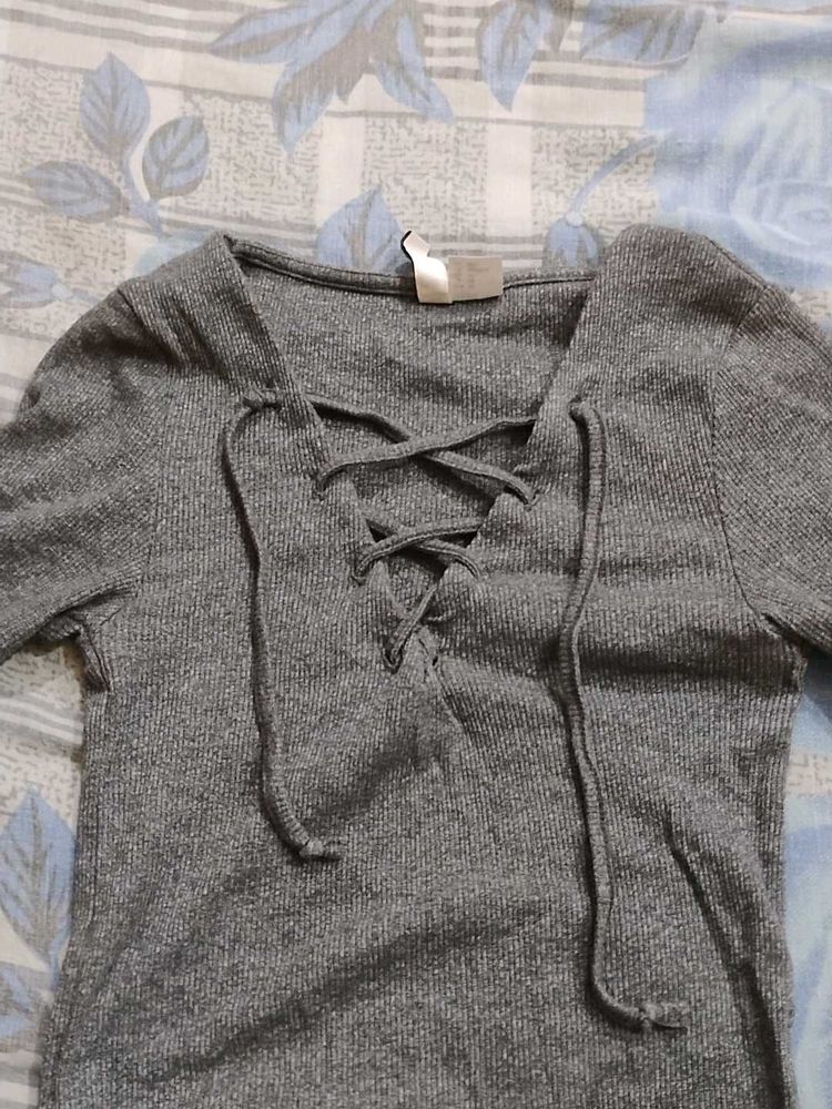 Gray Lace-Up Top