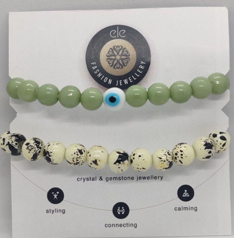 Green Evil Eye And Marble Coloured Bracelet Combo