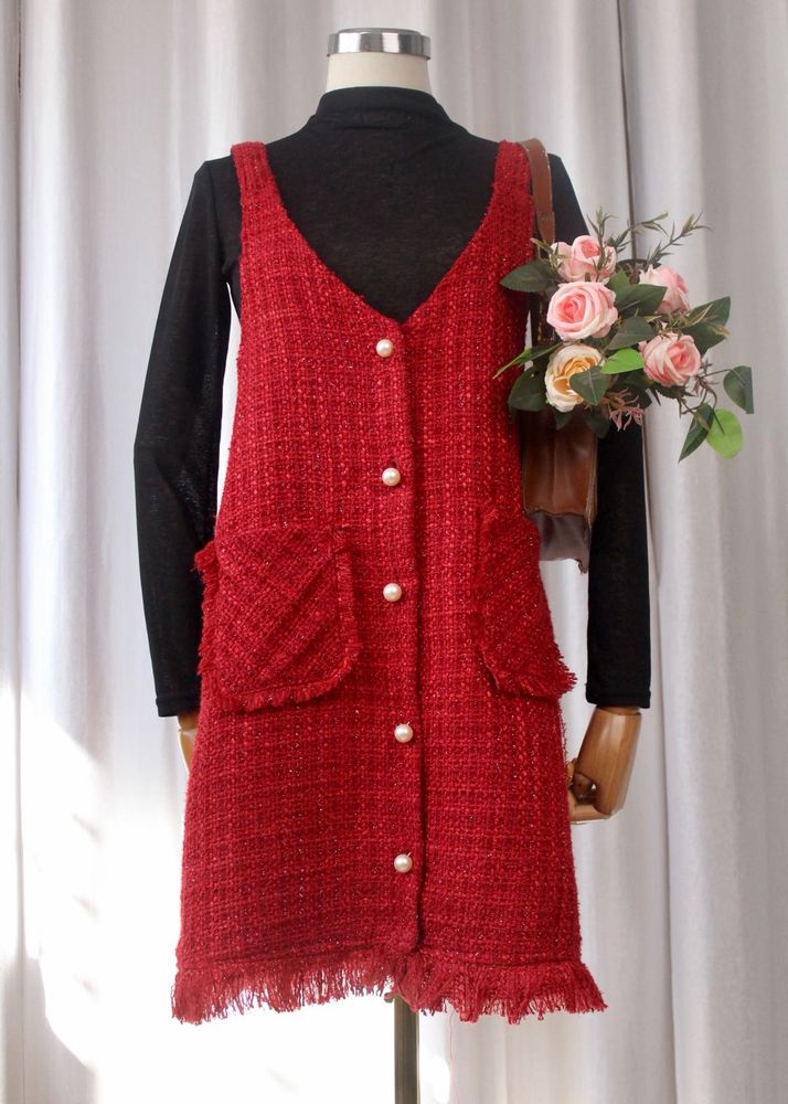 Red Tweed Pinafore Dress
