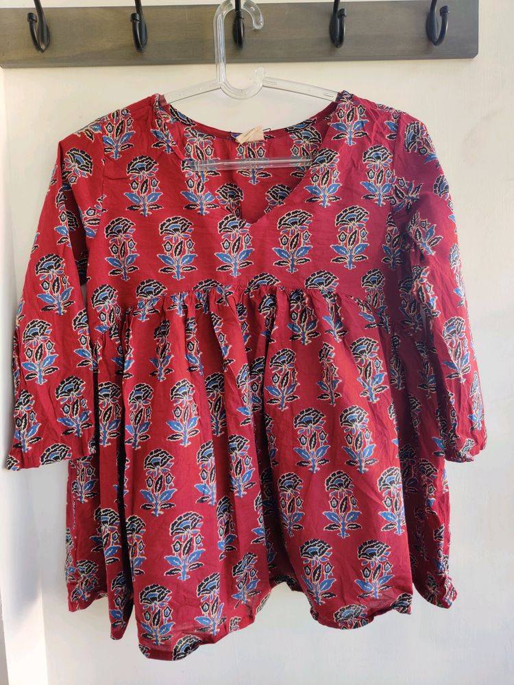 Janasya Maroon Floral flared Top(SIZE S)