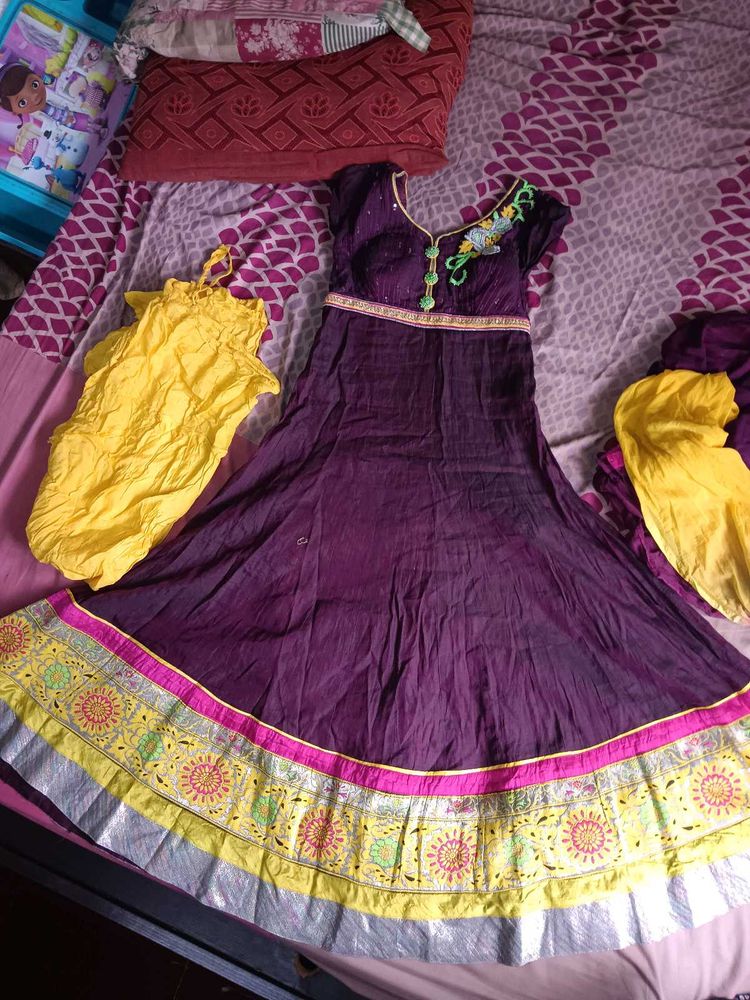 Brown &amp; Gold Embroidered Anarkali Dress