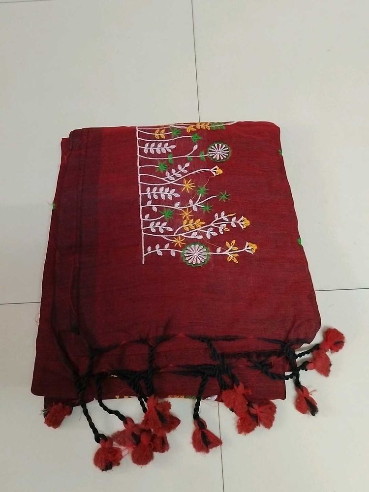 Meroon Khadi Cotton Embroidery Saree...