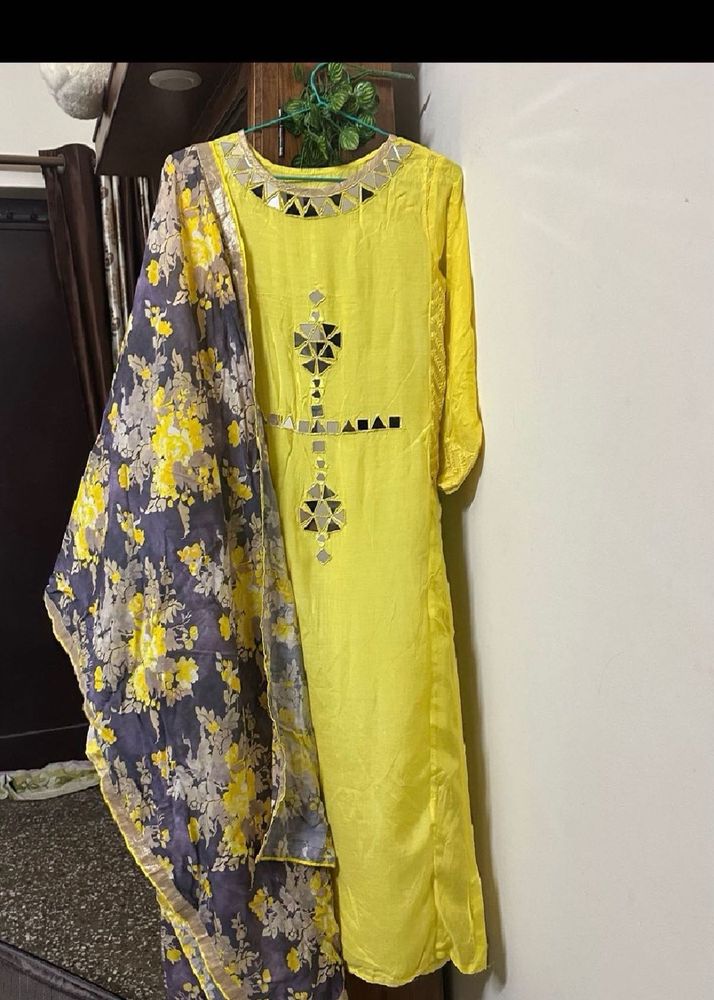 Yellow Mirrorwork Kurti Set