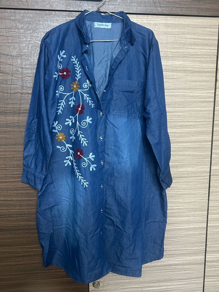 Plus Size Embroidered Denim Shirt Dress