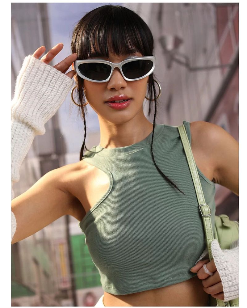 Green Round Neck Fitted Crop Top
