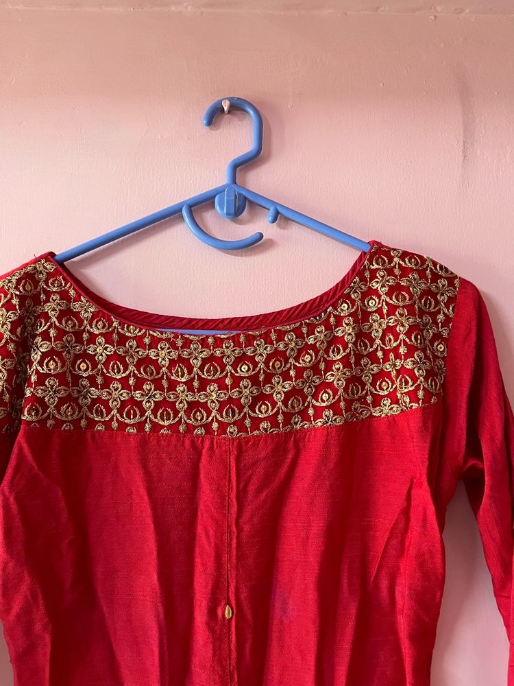 Red &amp; Gold Embroidered Kurti