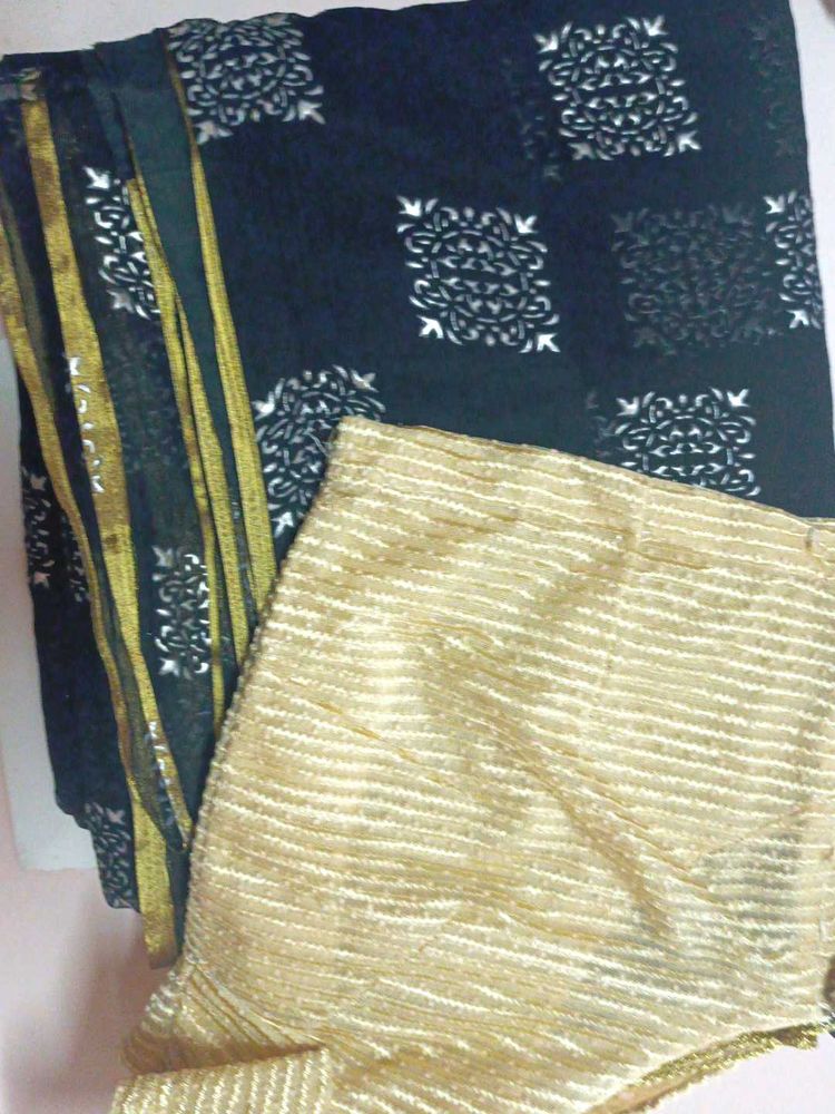 Black Shiffon Saree With Golden Border