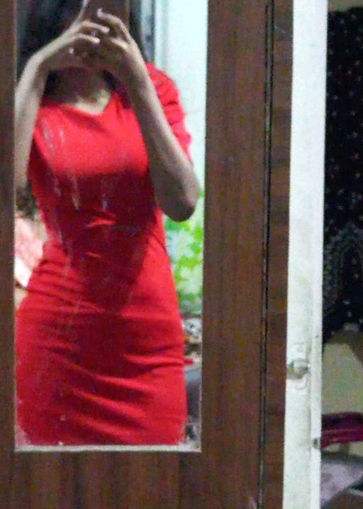 Red Puff Sleeve Cutout Dress
