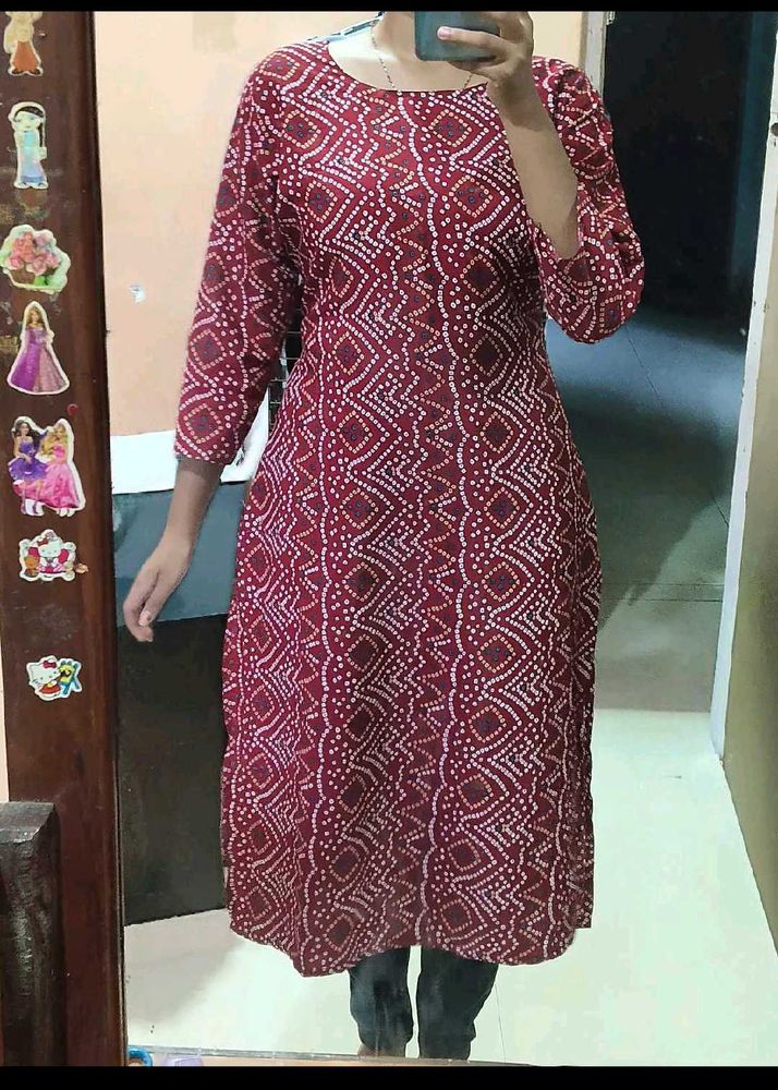 Maroon Bandhani Print Kurti