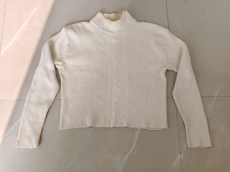 Cream Ribbed Turtleneck Top
