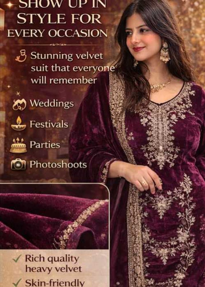Velvet Maroon Embroidered Suit-Size M