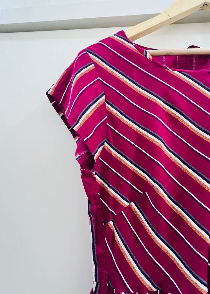 Fit And Flare Midi Striped Cotton Maroon Dress