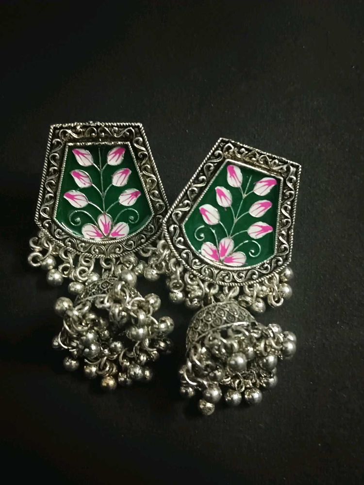 Meenakari Silver Oxidised Jhumka Earrings