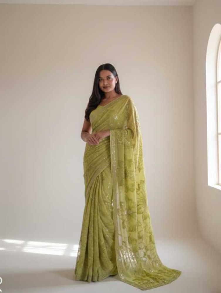Elegant Green Sequin Saree with readymade blouse