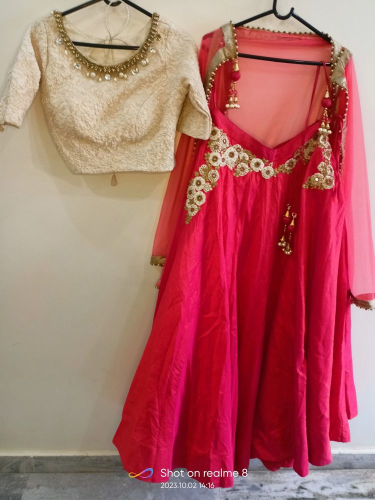 Tarunis Pink Dual Shaded Crop Top Lehenga Dupatta