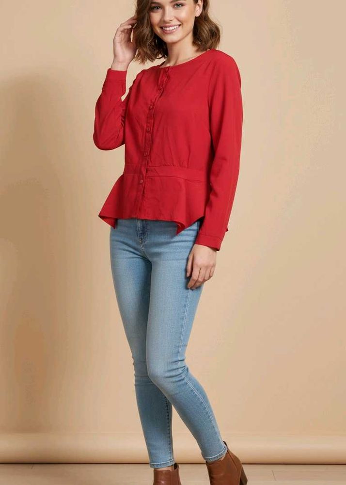 Red Peplum Button-Down Top