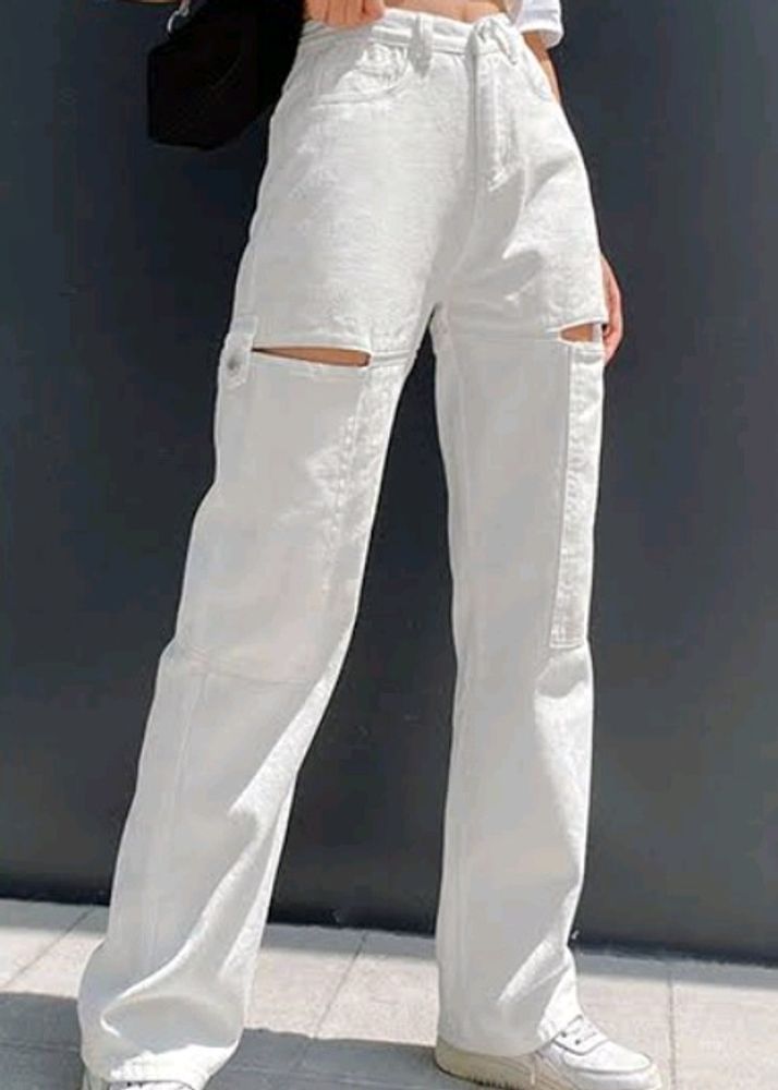 White Wide Leg Jeans With Cut